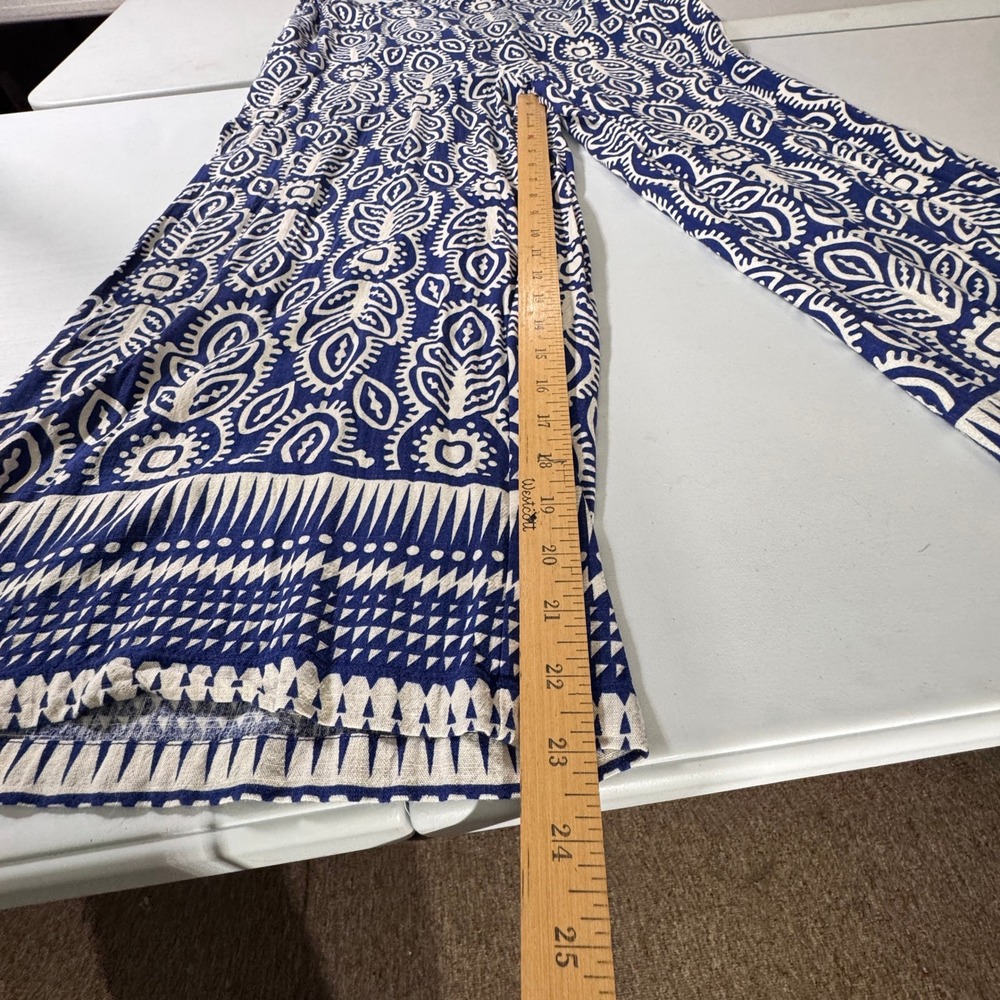 Rose + Olive Resort Blue White Geometric Paisley Wide Leg Palazzo Pants XL - Picture 2 of 16